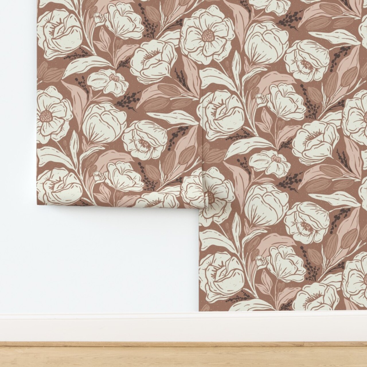 Vintage Floral Bohemian Botanical Earth Tones Farmhouse Faux Texture Whimsical Boho Cottagecore Pink Brown Custom Removable Wallpaper by Spoonflower Peel & Stick Wallpaper 2FT Wide